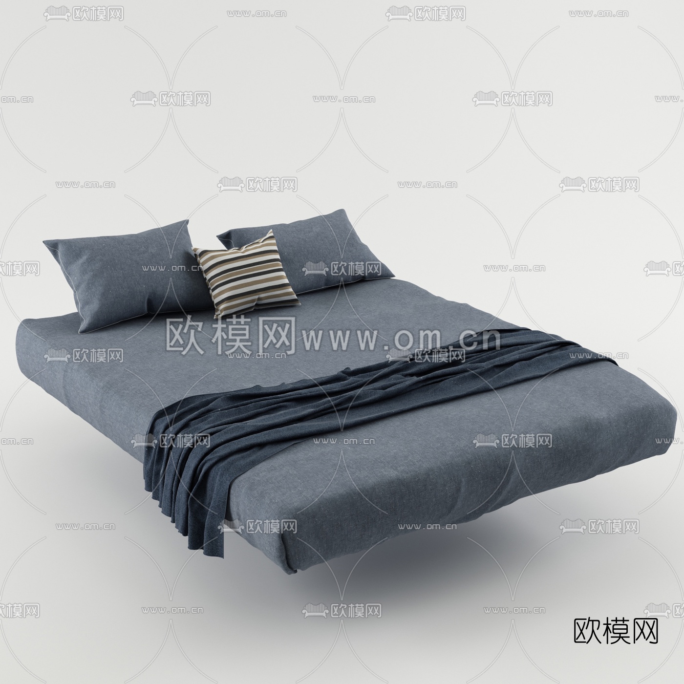 现代蓝色布艺双人床3D模型免费下载