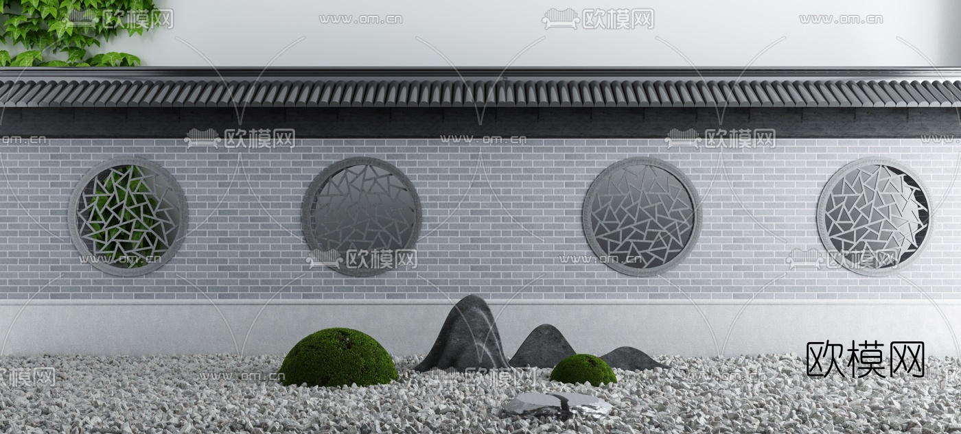 新中式庭院圆窗围墙3d模型
