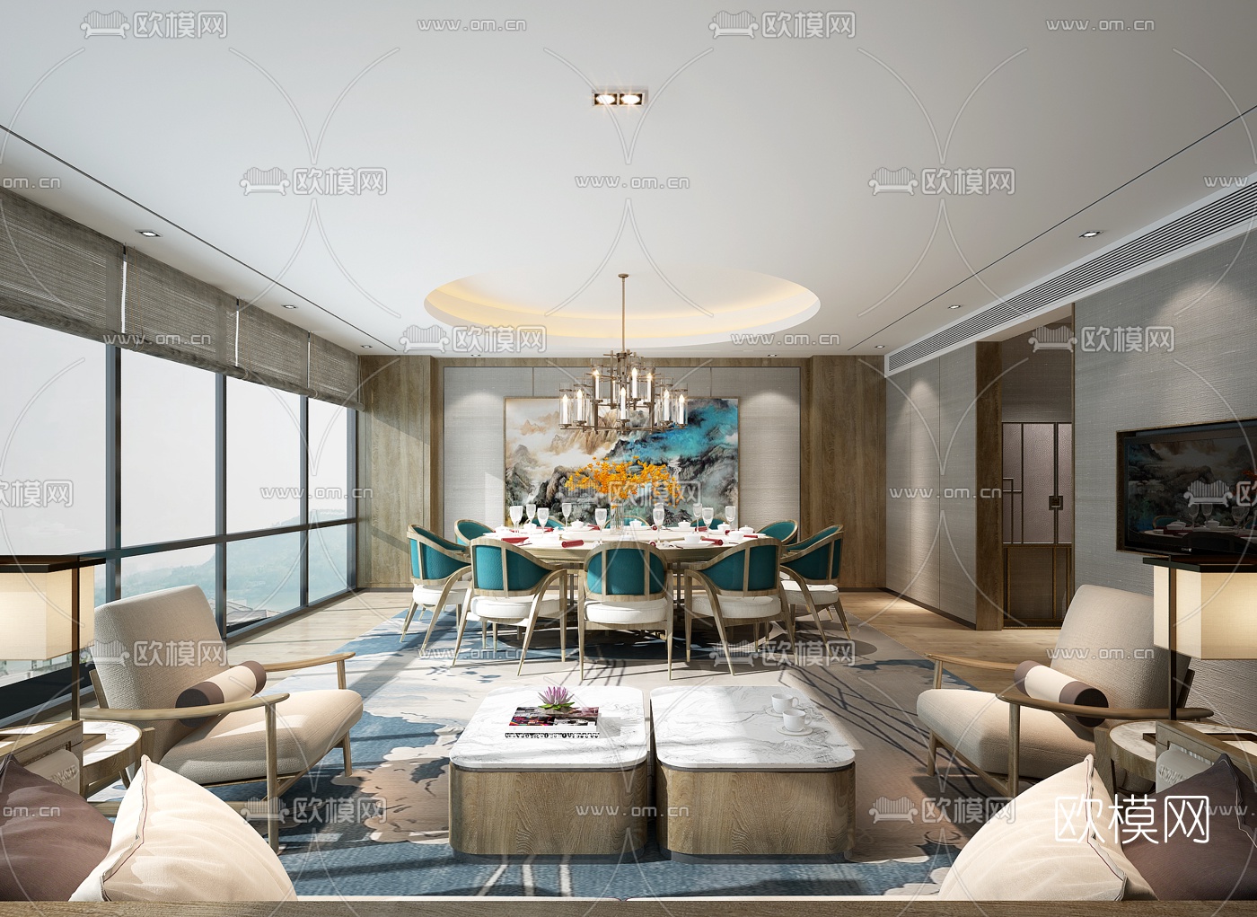 新中式酒店餐厅包房3D模型-免费3dmax模型库-欧模网