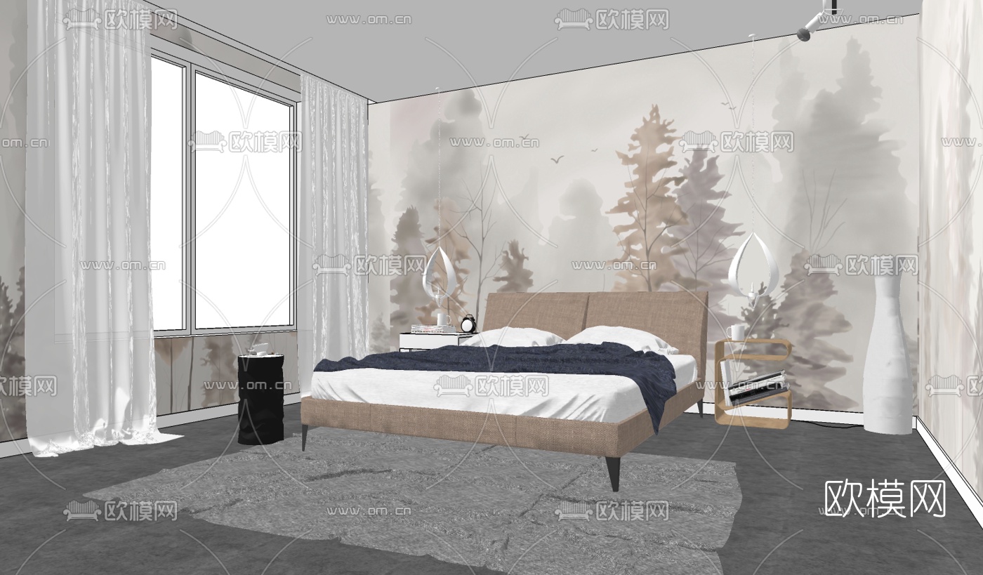 北欧卧室su模型下载（渲染图2）