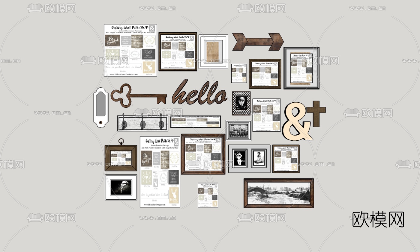 欧式复古挂件装饰画组合su模型下载（渲染图2）