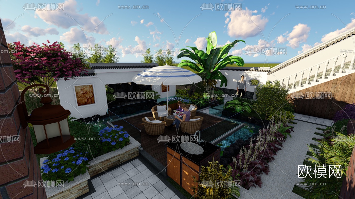 新中式庭院花园设计su模型下载（渲染图1）