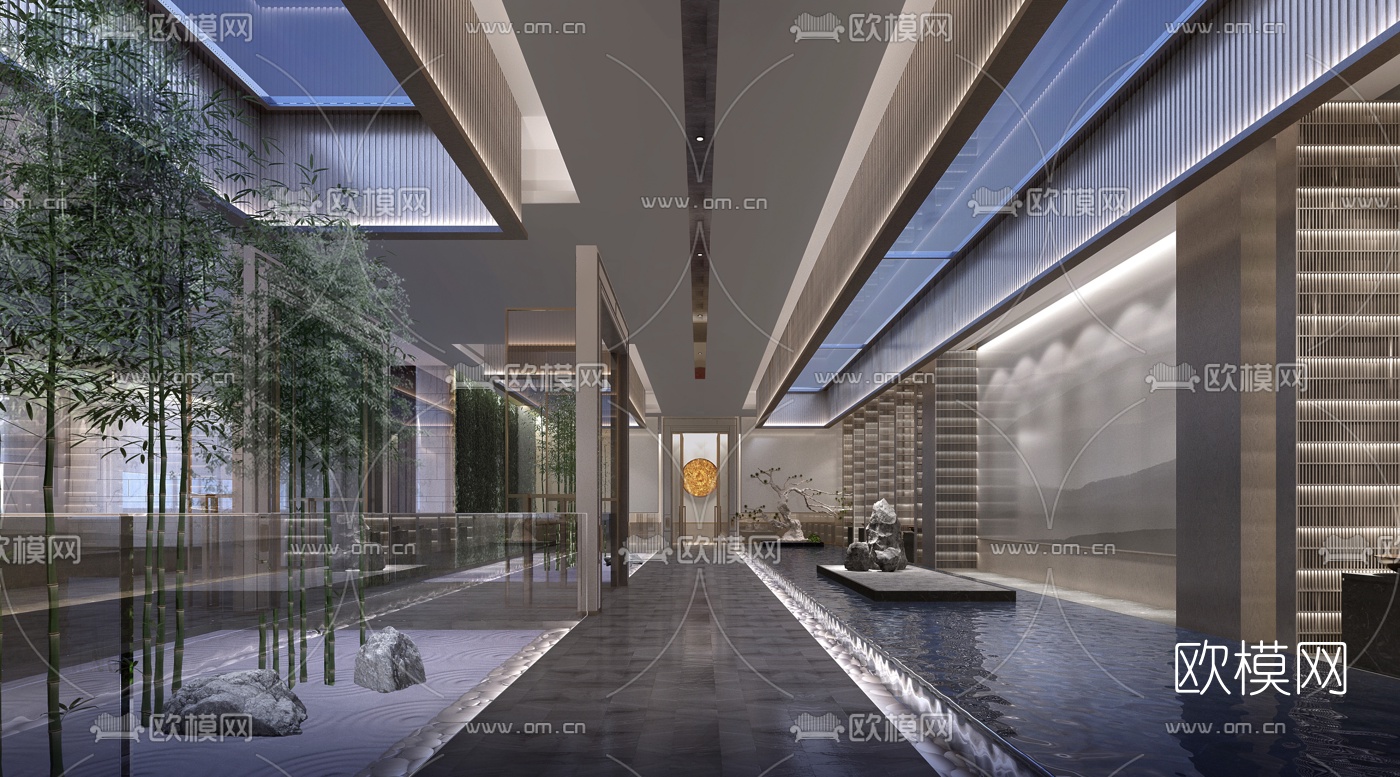 新中式酒店中庭过道3d模型