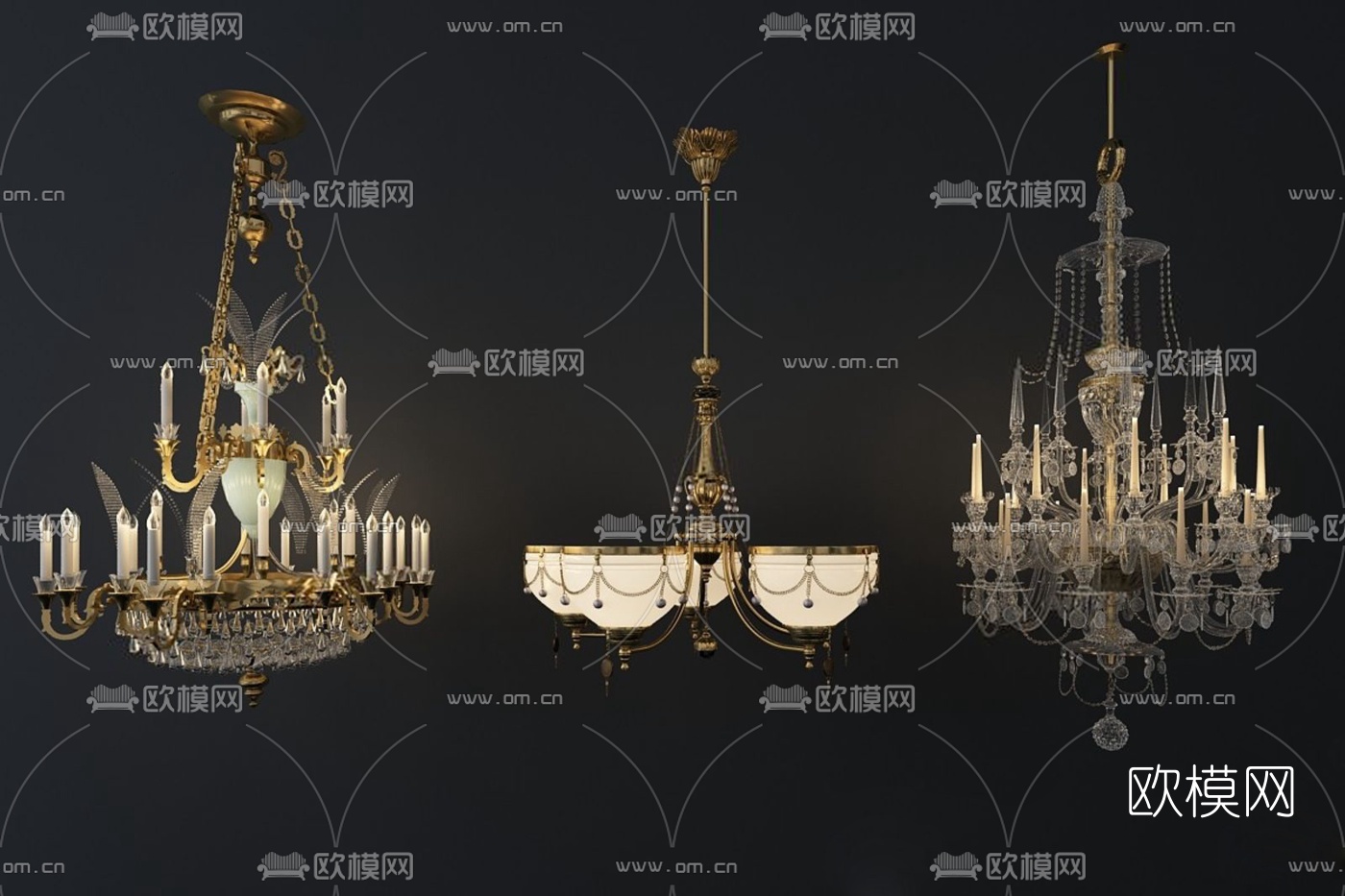 欧式金属水晶吊灯组合3D模型下载