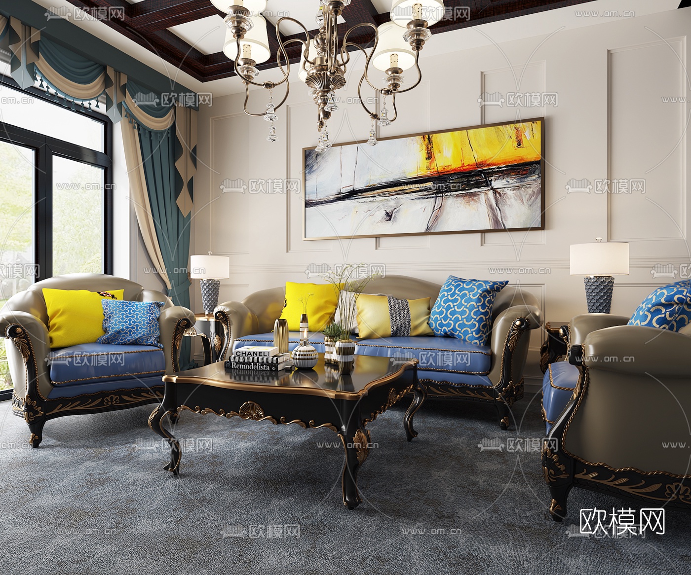欧式沙发茶几吊灯摆件组合3D模型下载