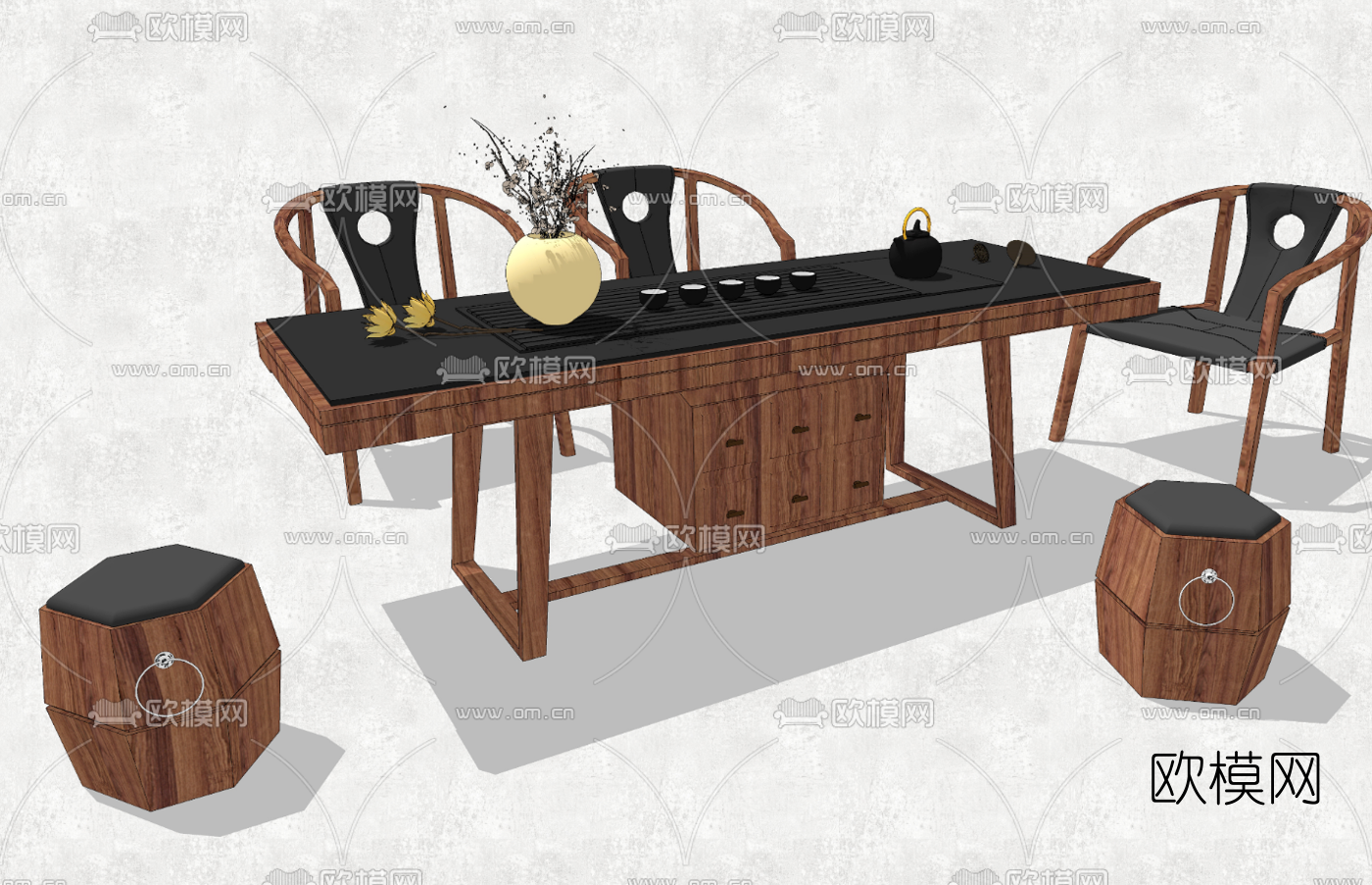 新中式茶桌椅组合su模型下载（渲染图1）