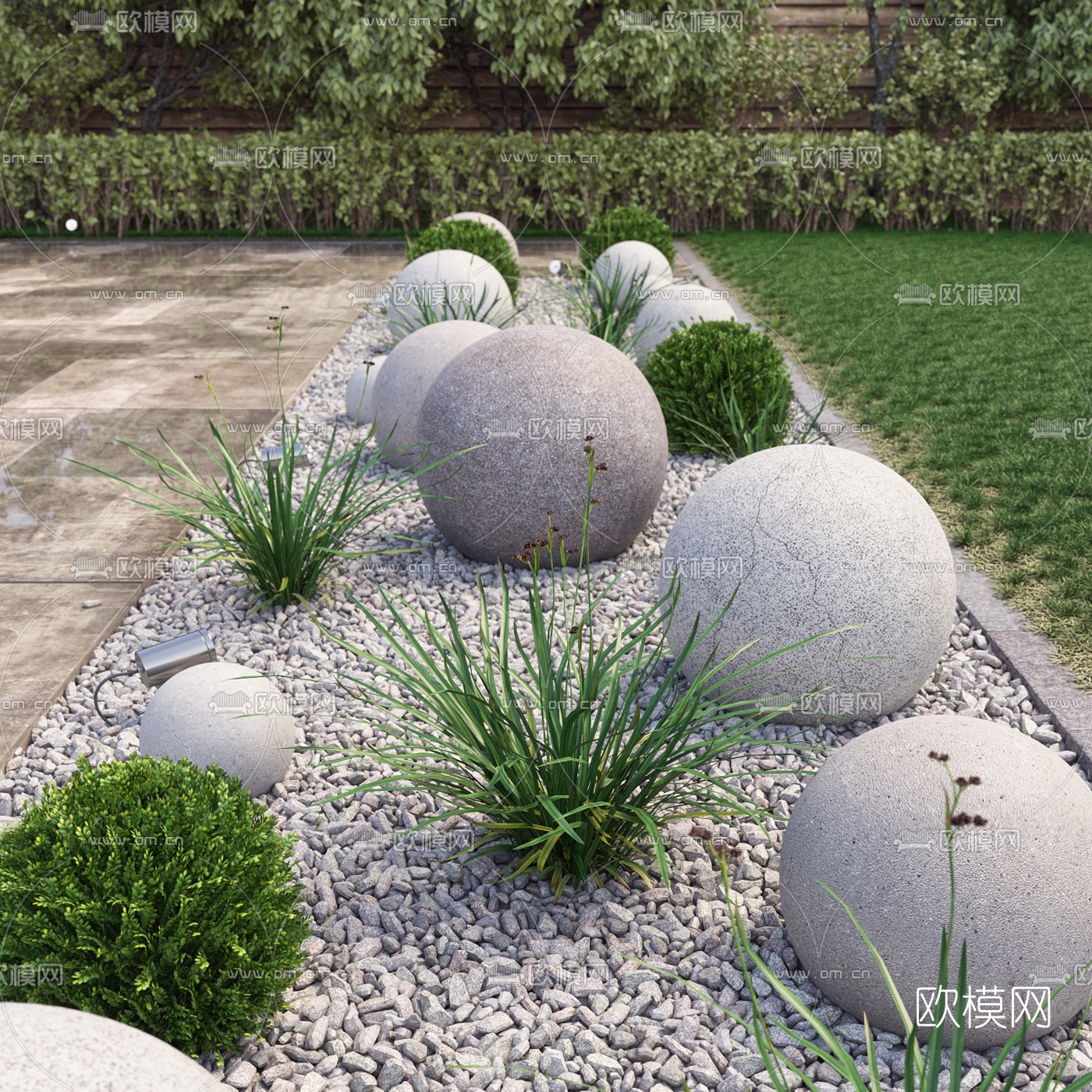 现代水泥圆石园艺小品模型下载（渲染图3）