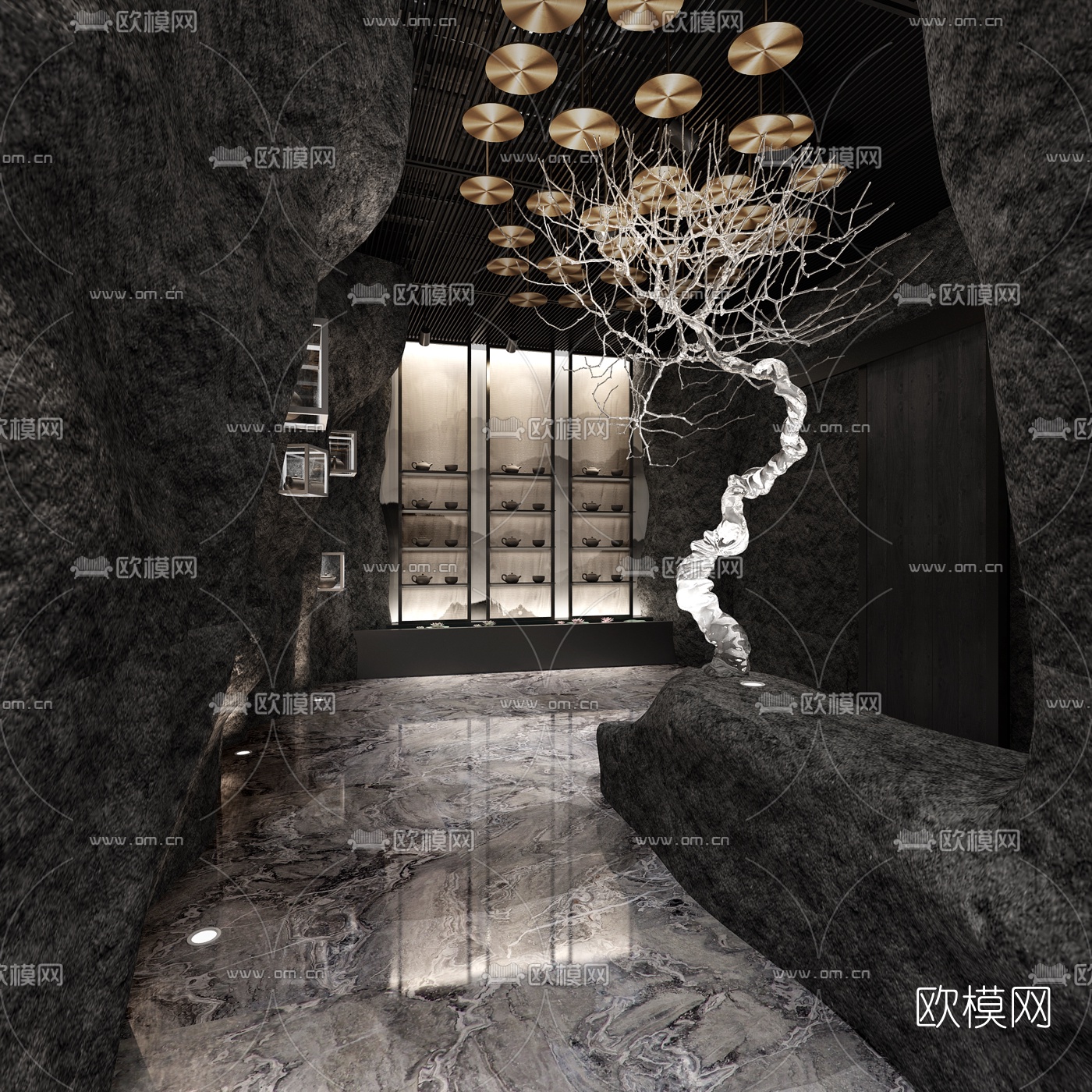 新中式会所茶室招待室过道3D模型下载（渲染图4）