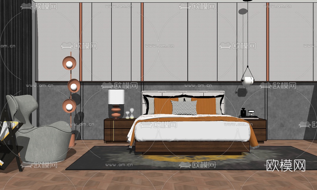 现代布艺双人床组合su模型下载