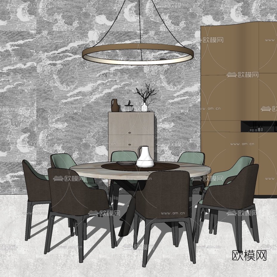 现代圆形餐桌椅su模型下载（渲染图2）