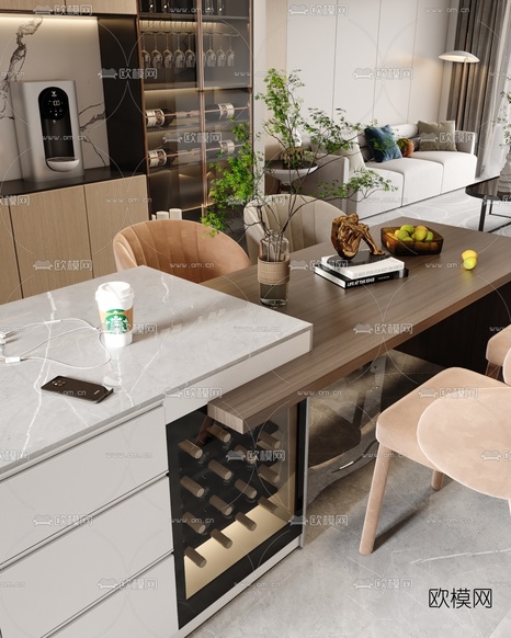 现代客厅餐厅3d模型下载(渲染图6)