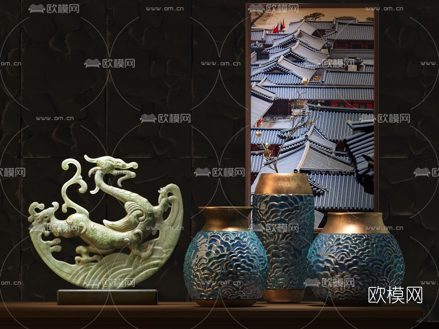 中式龙玉石饰品摆件3d模型