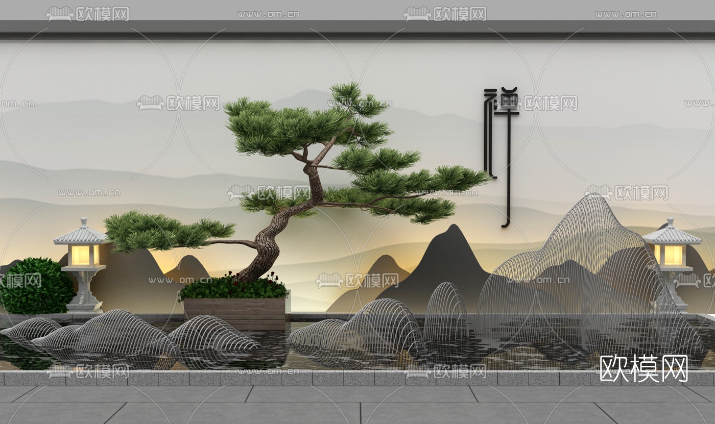 新中式松树金属假山水景景观小品3d模型