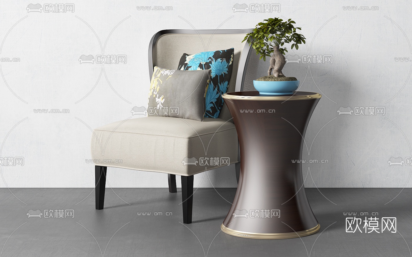 新中式布艺单人沙发3d模型下载