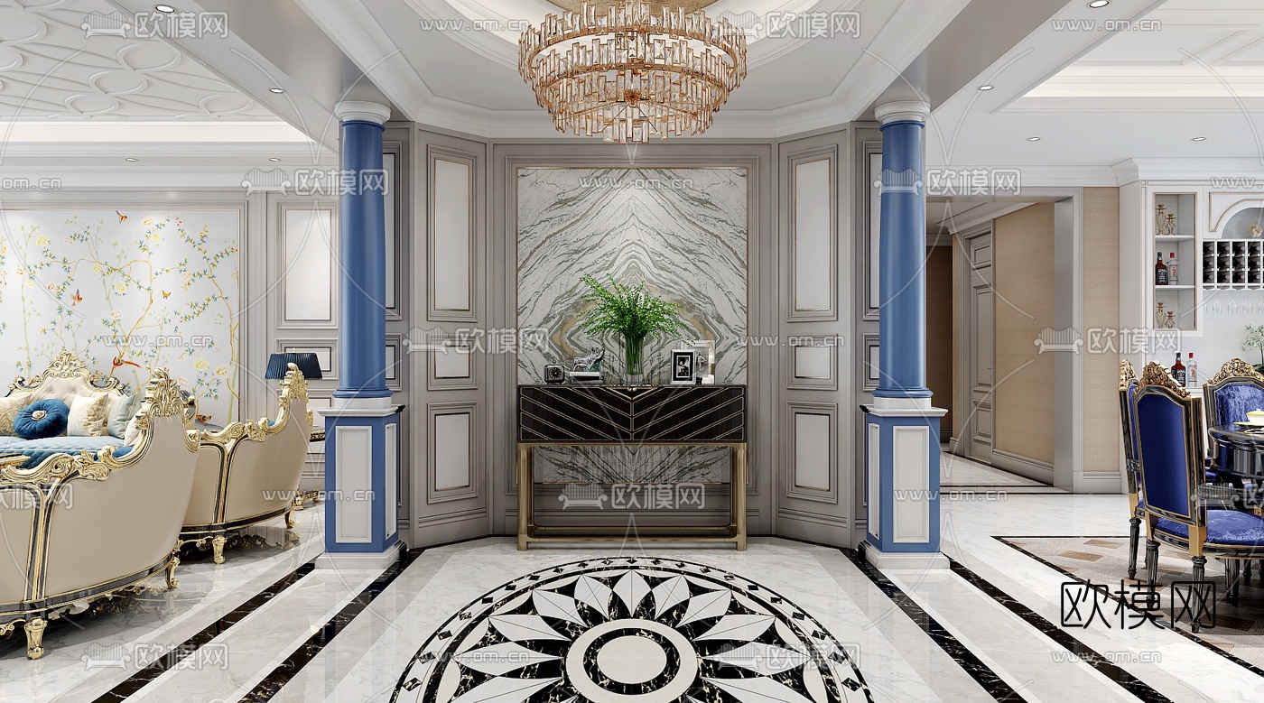 新古典客厅3d模型下载（渲染图2）