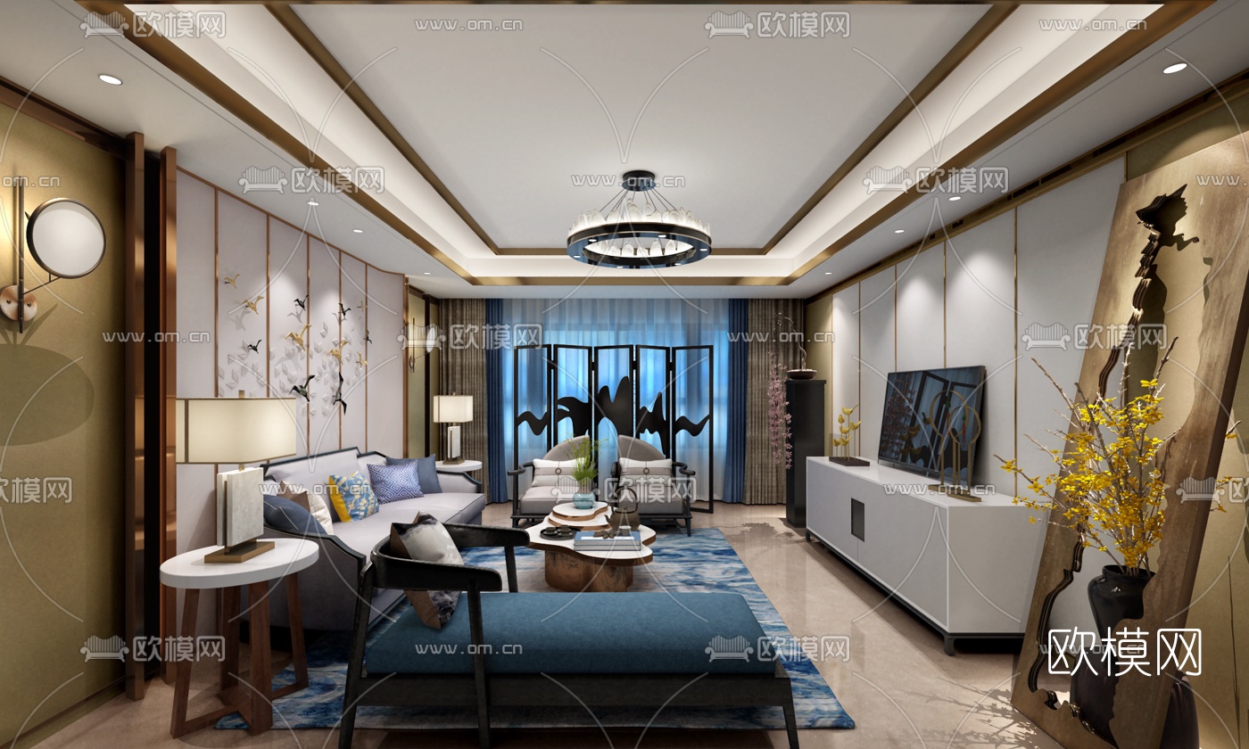 伊派设计 新中式客厅3d模型下载（渲染图1）