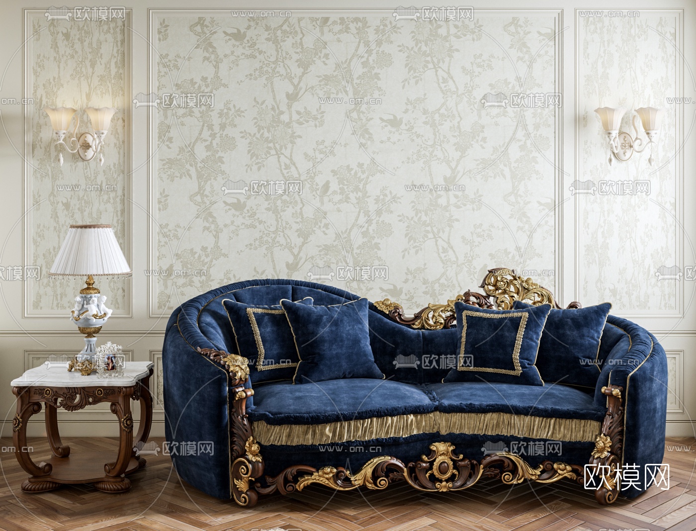 欧式布艺双人沙发边几台灯壁灯组合3D模型下载