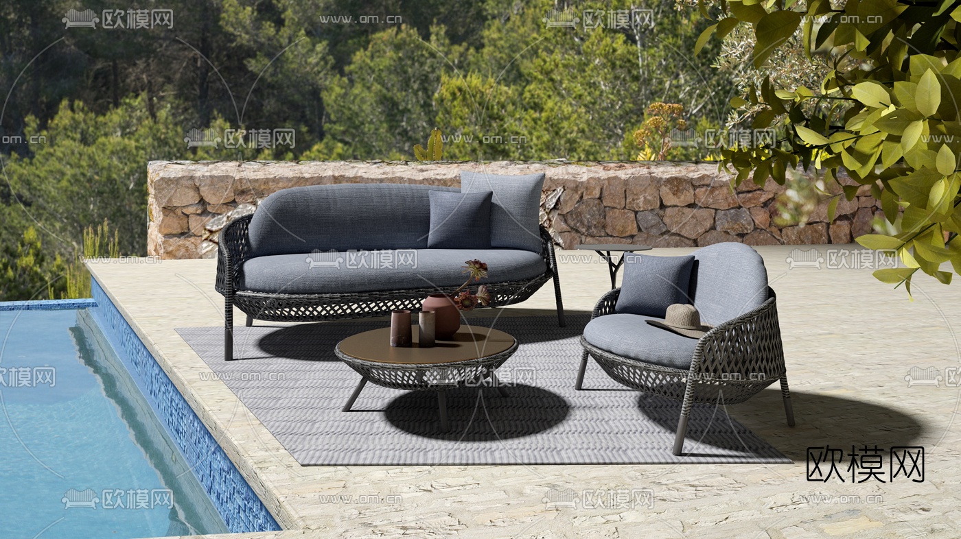 德国DEDON品牌 现代藤编户外休闲沙发组合3D模型下载（渲染图1）