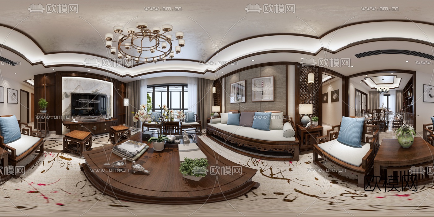 新中式客餐厅全景3D模型