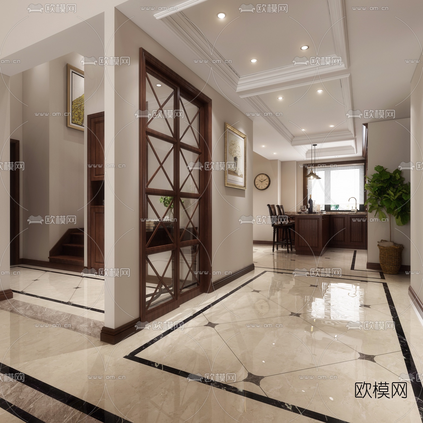 美式复式客厅餐厅3d模型
