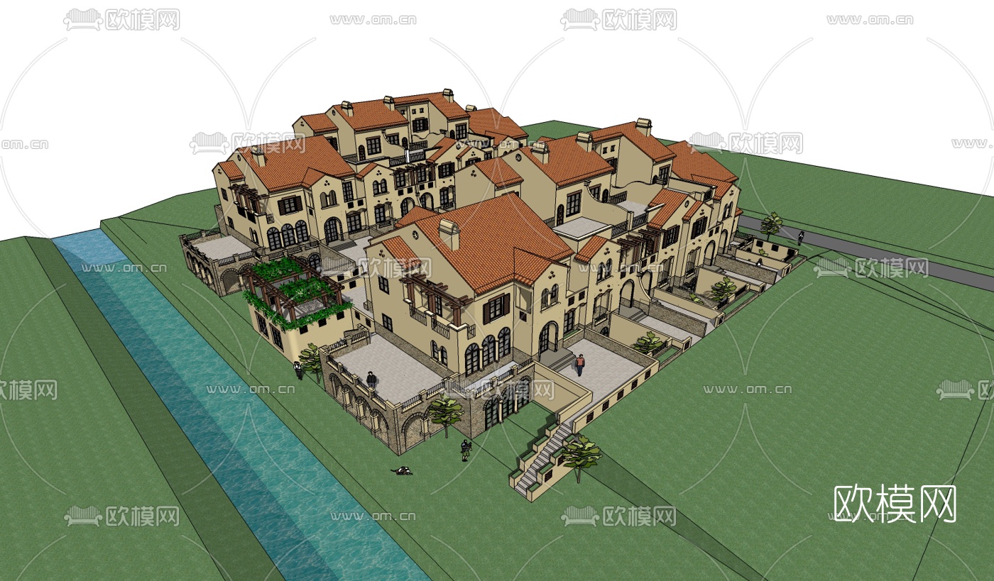 欧式连排别墅su模型下载（渲染图3）