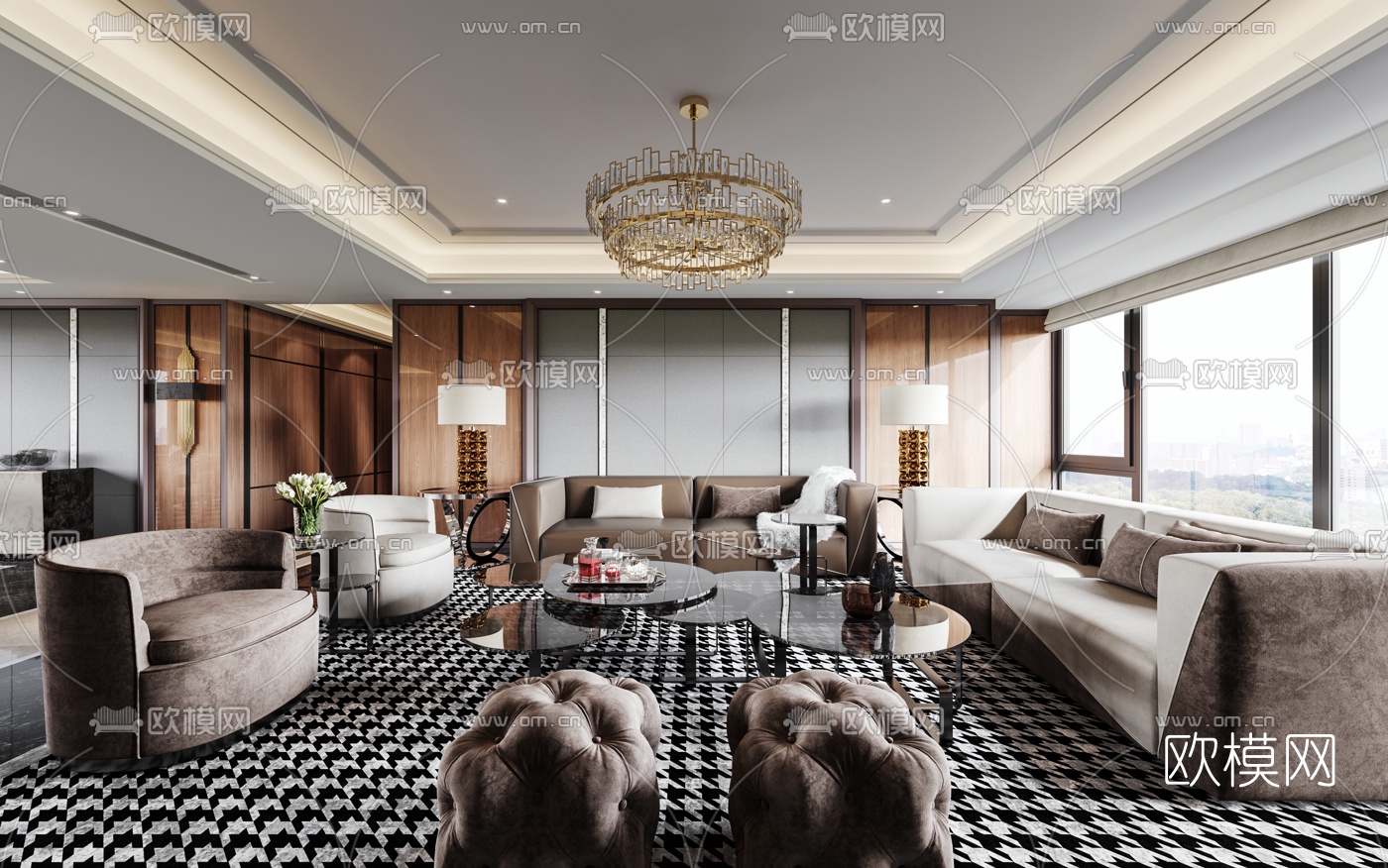 现代港式轻奢客厅餐厅3d模型下载（渲染图1）