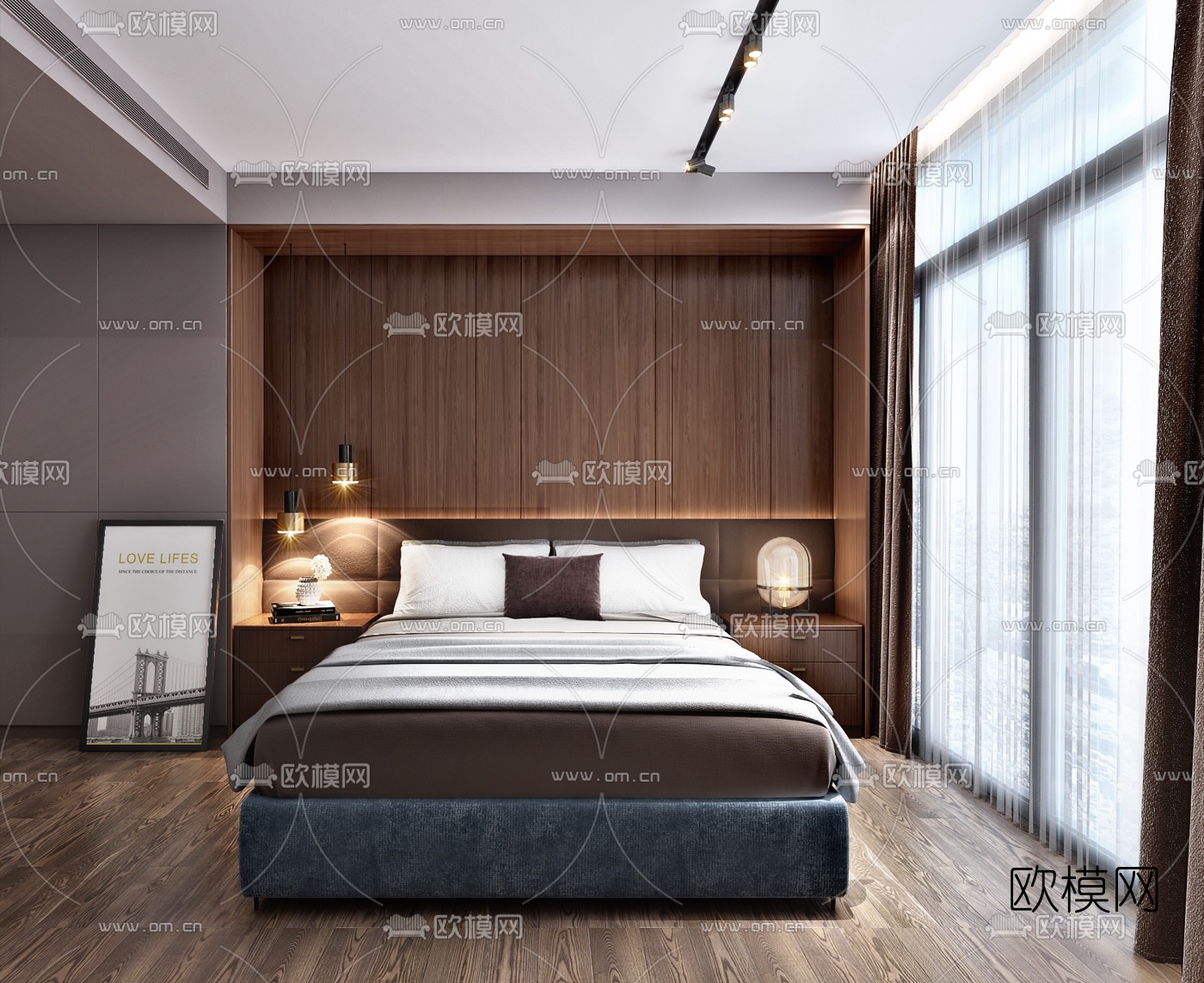 现代双人床3d模型下载（渲染图1）