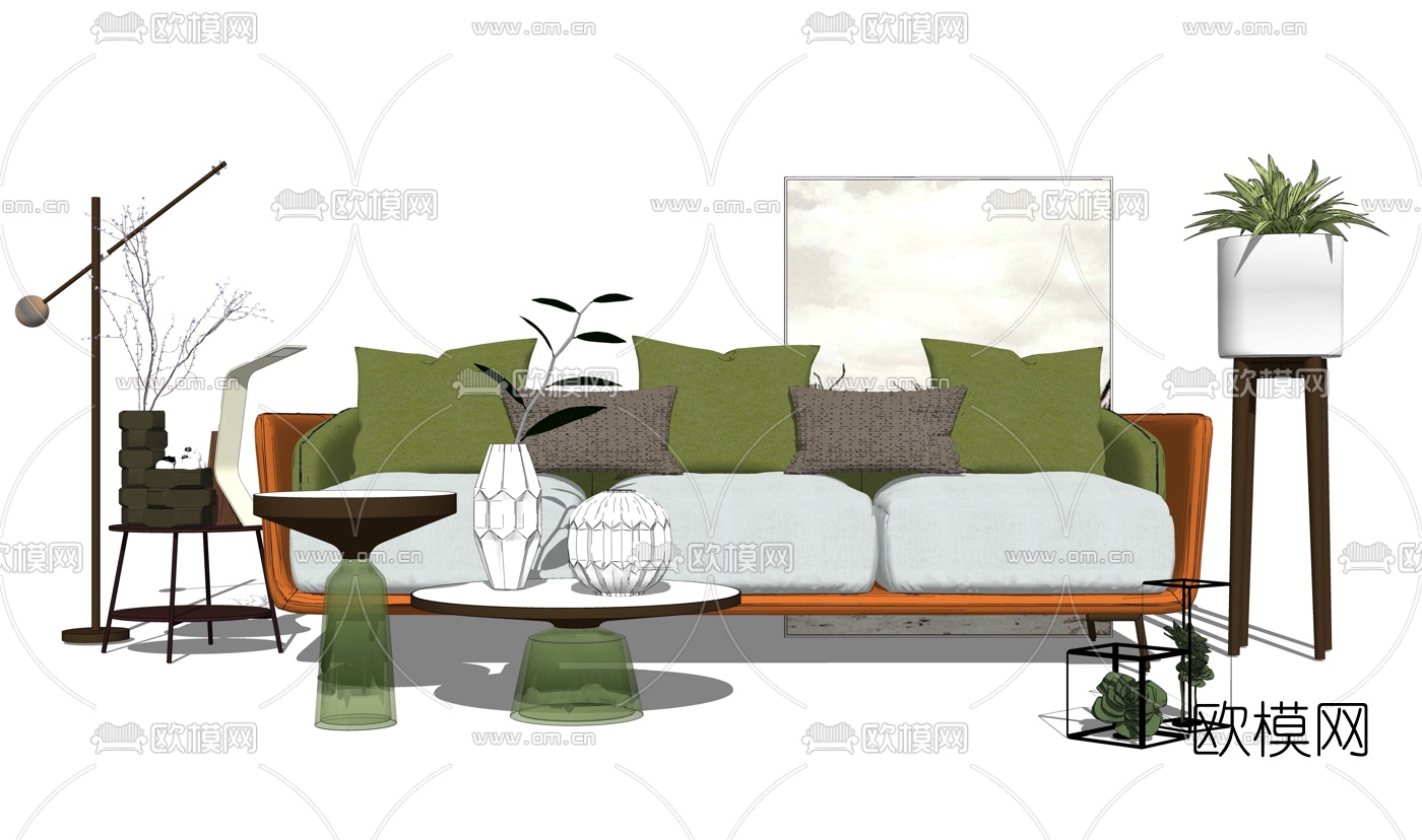 北欧布艺多人沙发su模型下载（渲染图1）