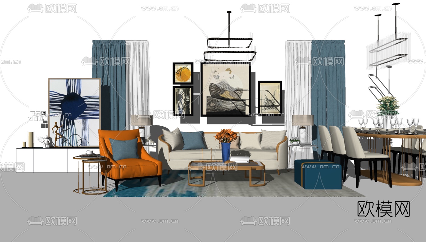 现代轻奢沙发组合su模型下载（渲染图2）