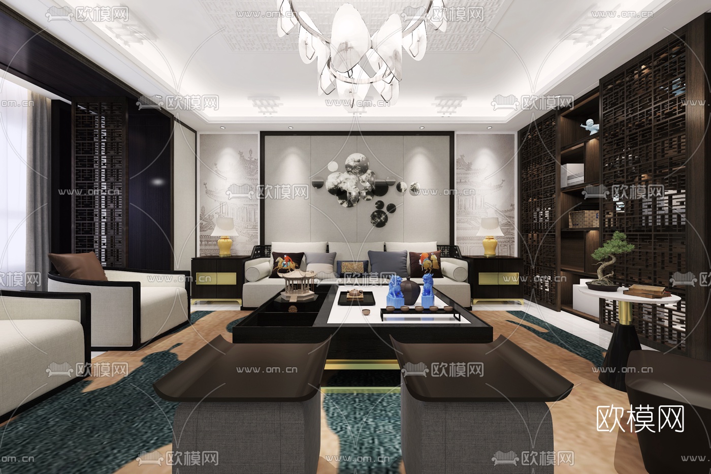 东合设计 中式客厅3d模型下载