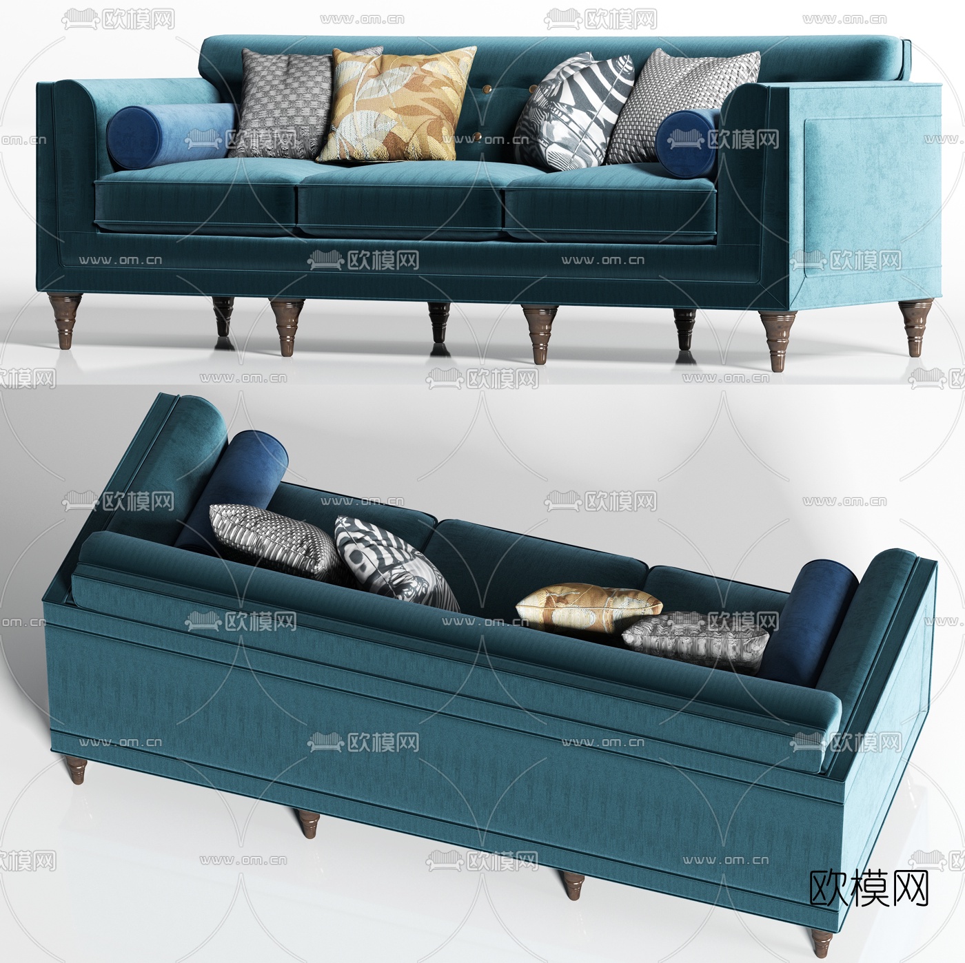 简欧蓝色绒布多人沙发 三人沙发3d模型下载