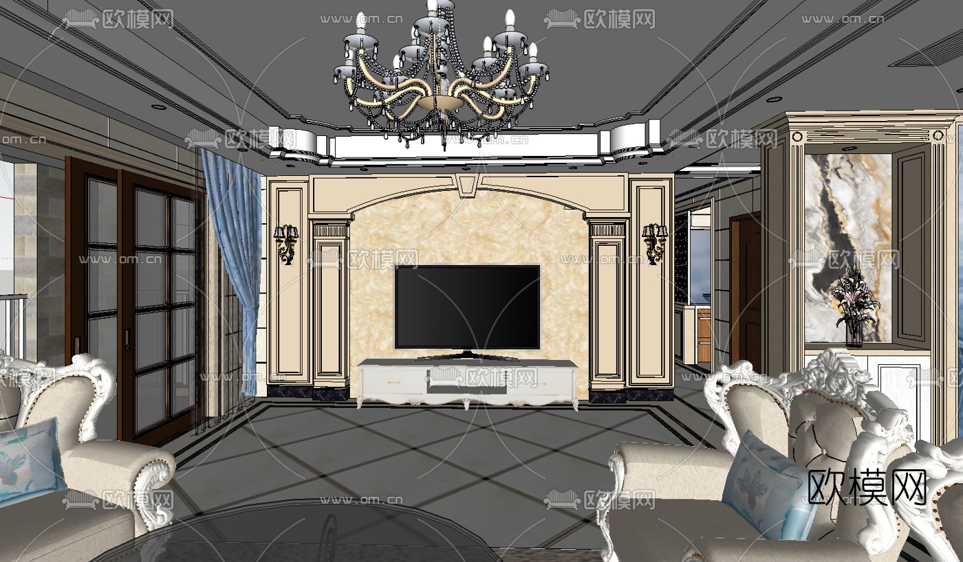 欧式客餐厅su模型下载（渲染图1）