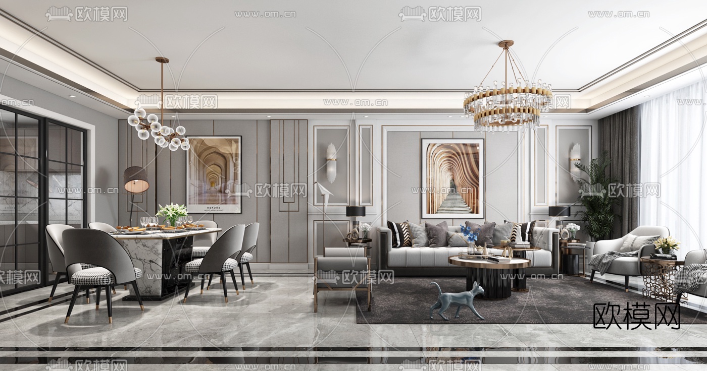 简欧轻奢客厅餐厅3d模型下载（渲染图1）