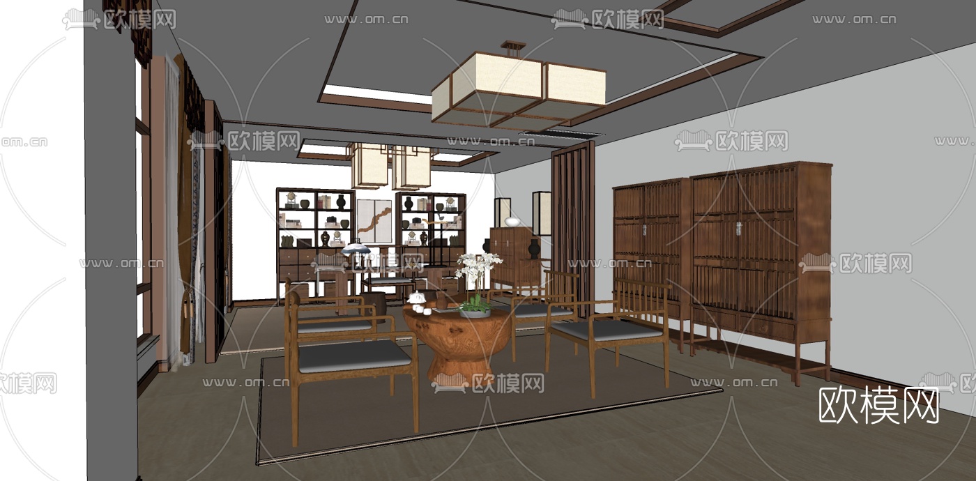 新中式茶室书房su模型