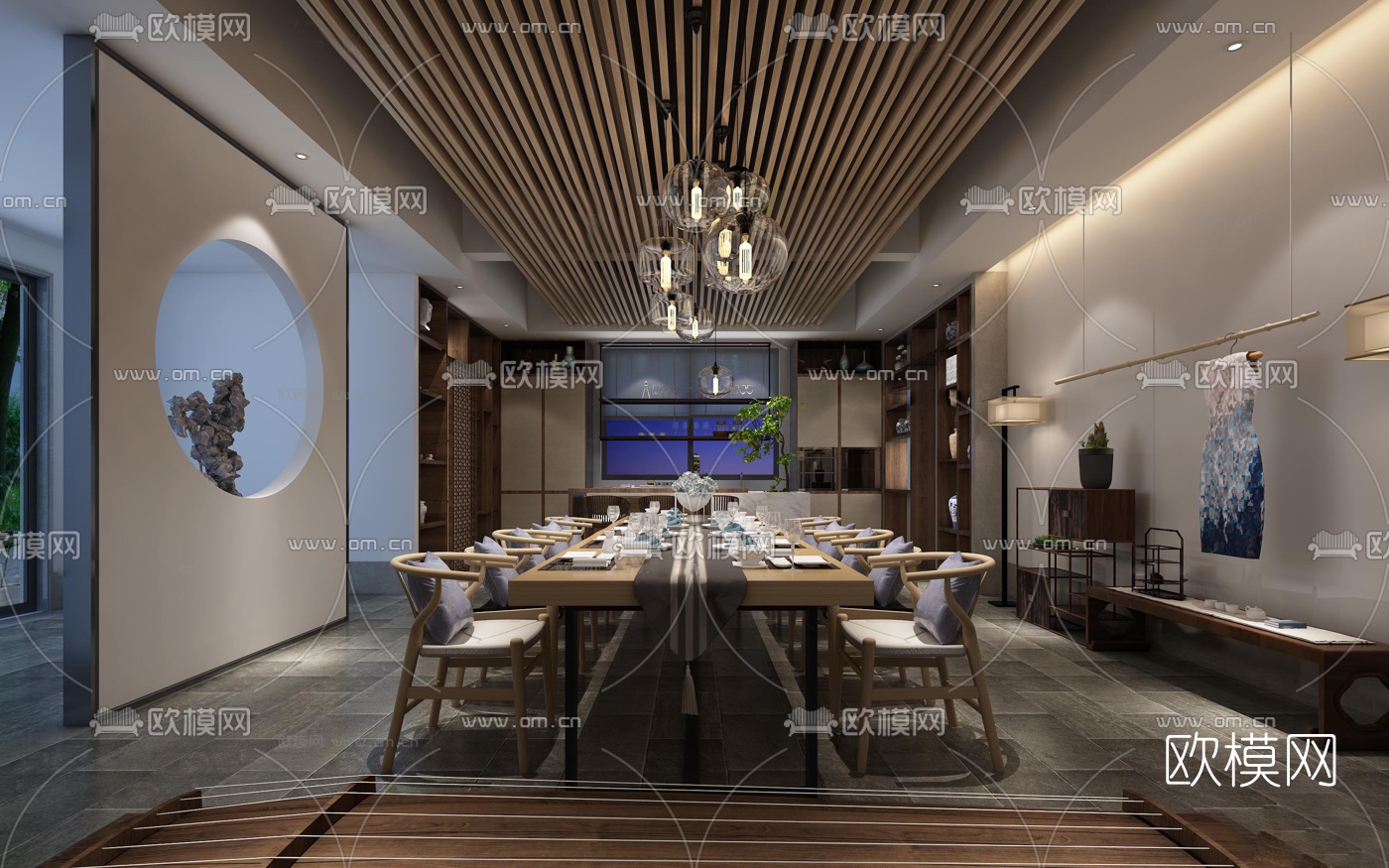 新中式餐厅3D模型-免费3dmax模型库-欧模网