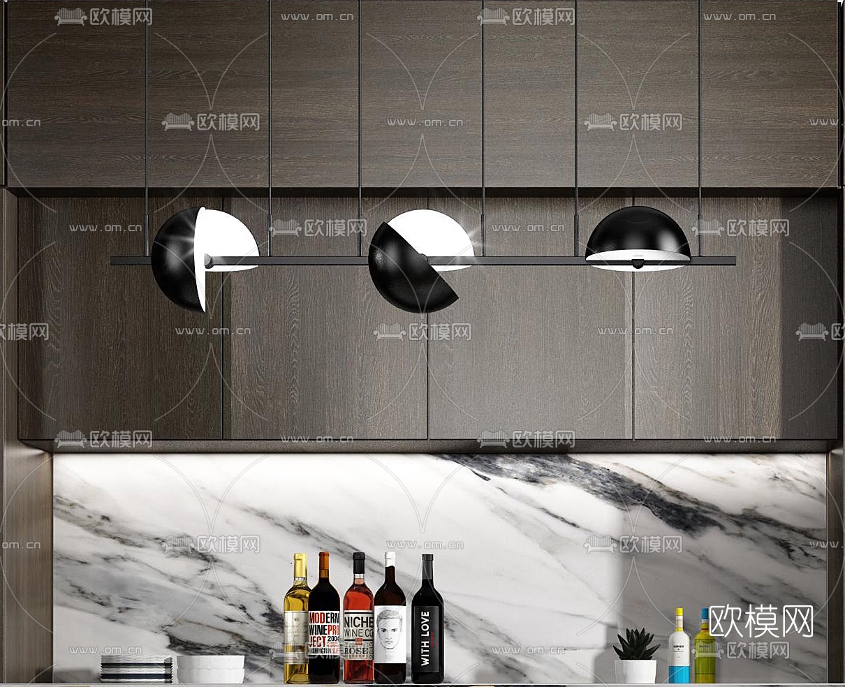 现代实木大理石吧台3d模型下载（渲染图4）