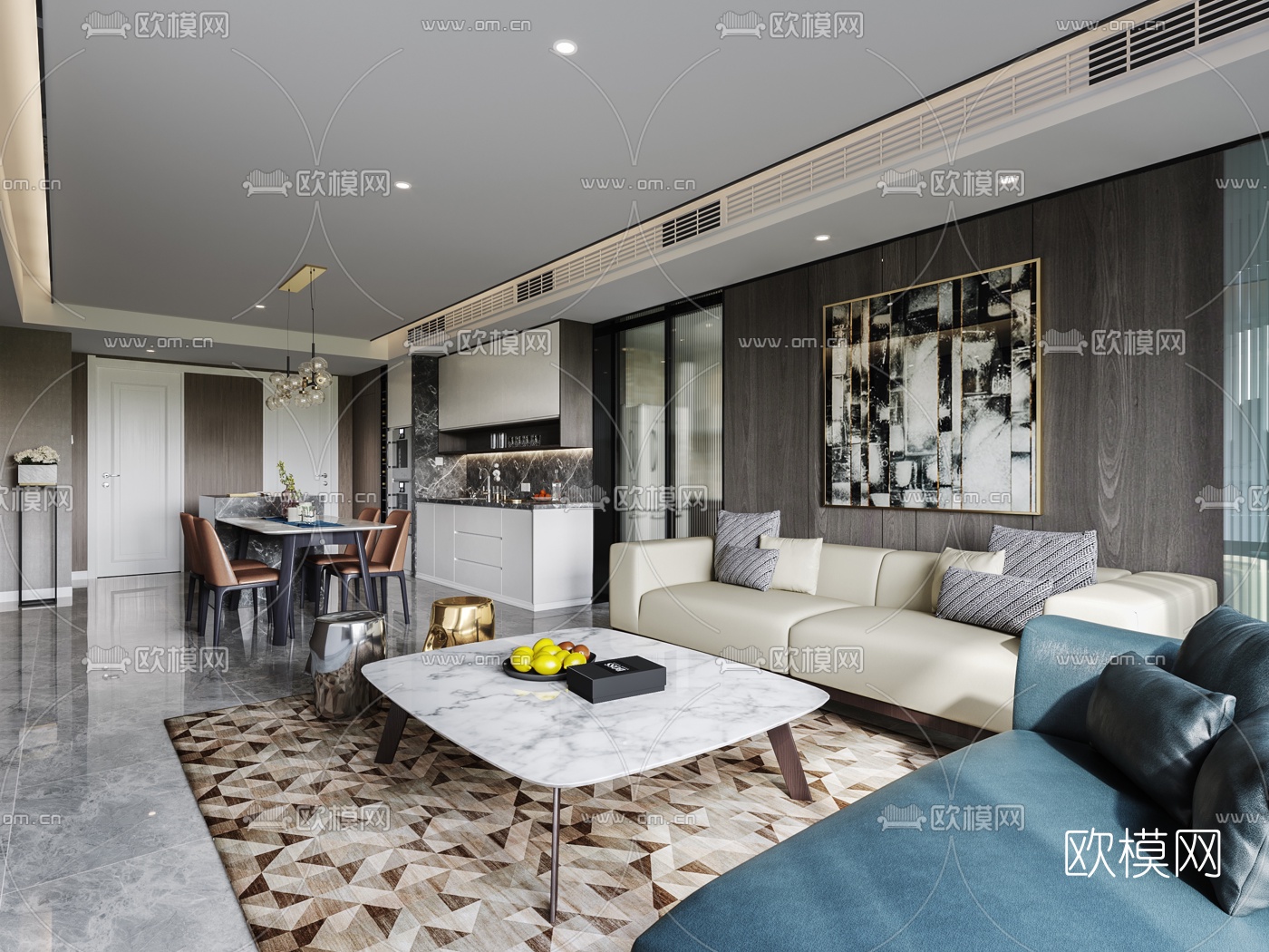 力设计新作现代客厅餐厅3d模型下载（渲染图1）