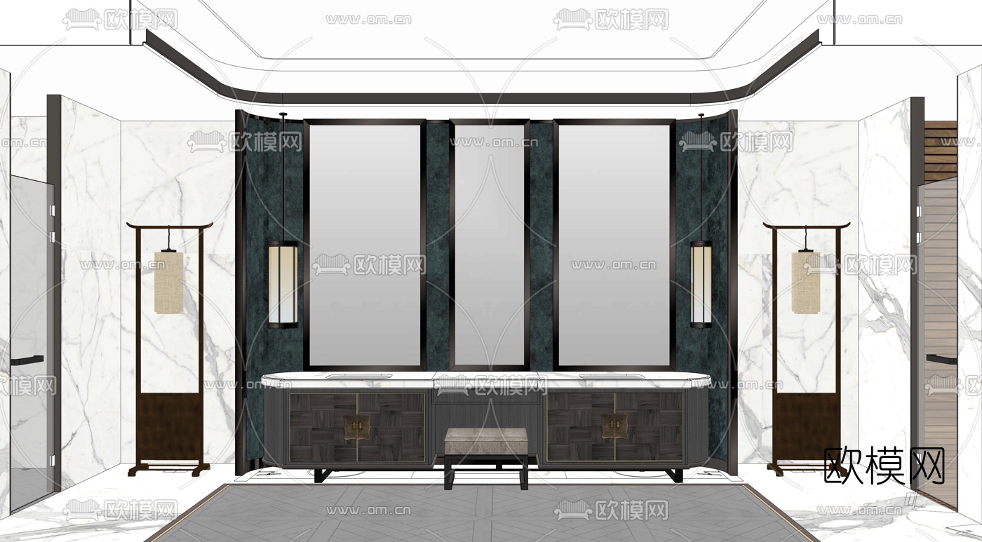 新中式酒店总统套房su模型下载（渲染图7）