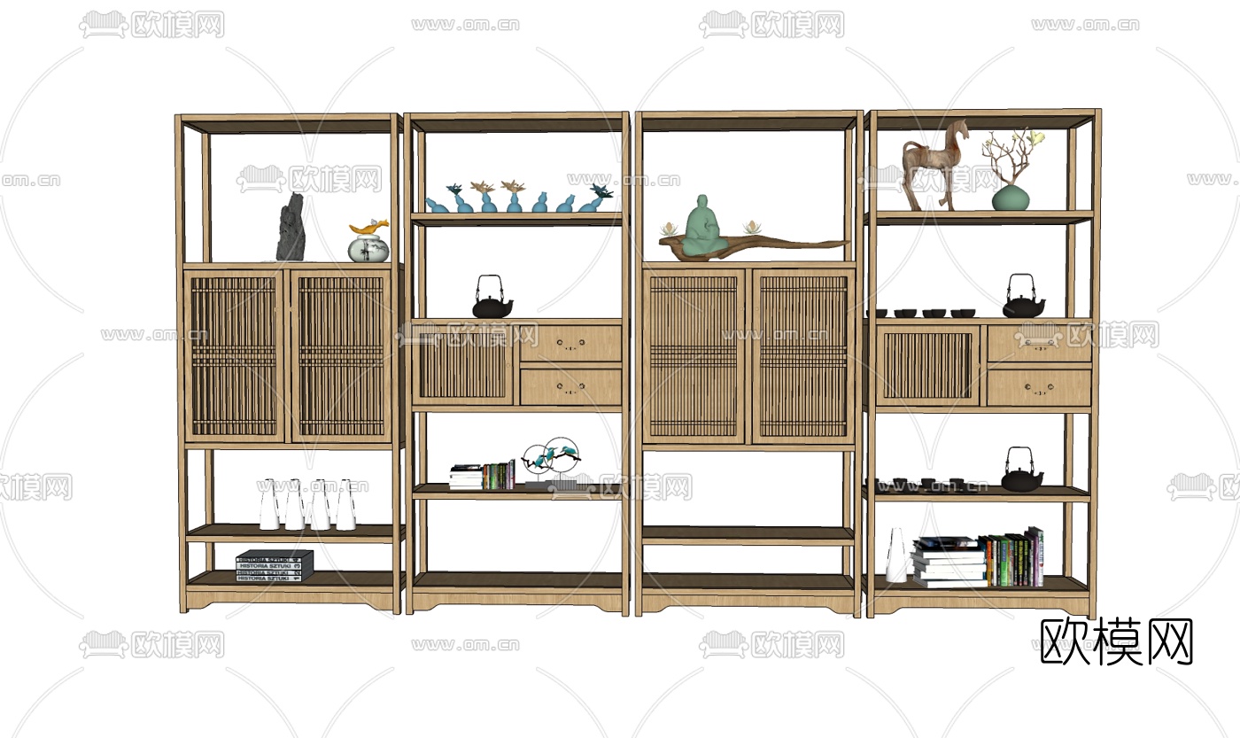 中式实木博古架装饰柜su模型下载