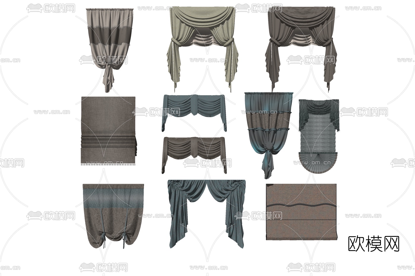 简欧布艺窗帘su模型下载