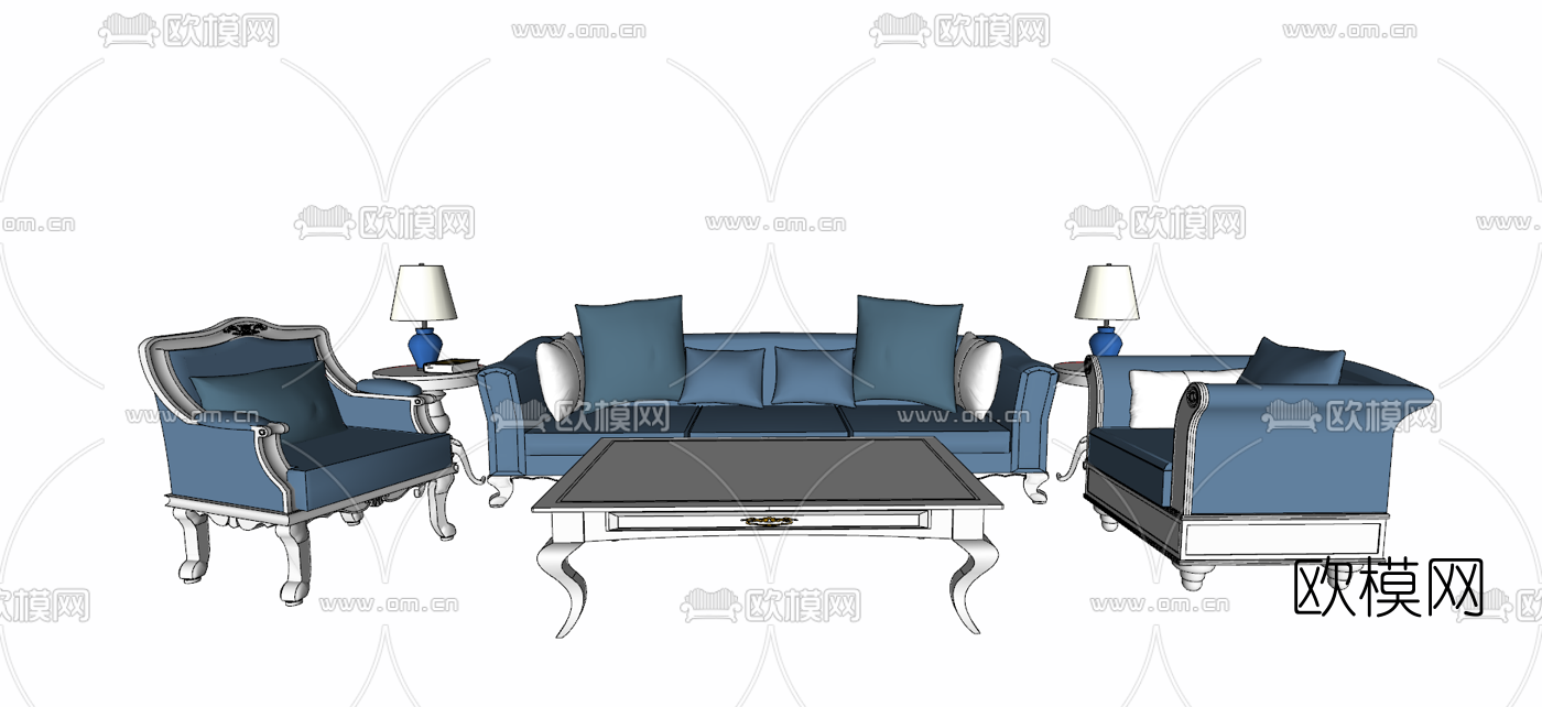 欧式布艺沙发组合su模型下载（渲染图1）