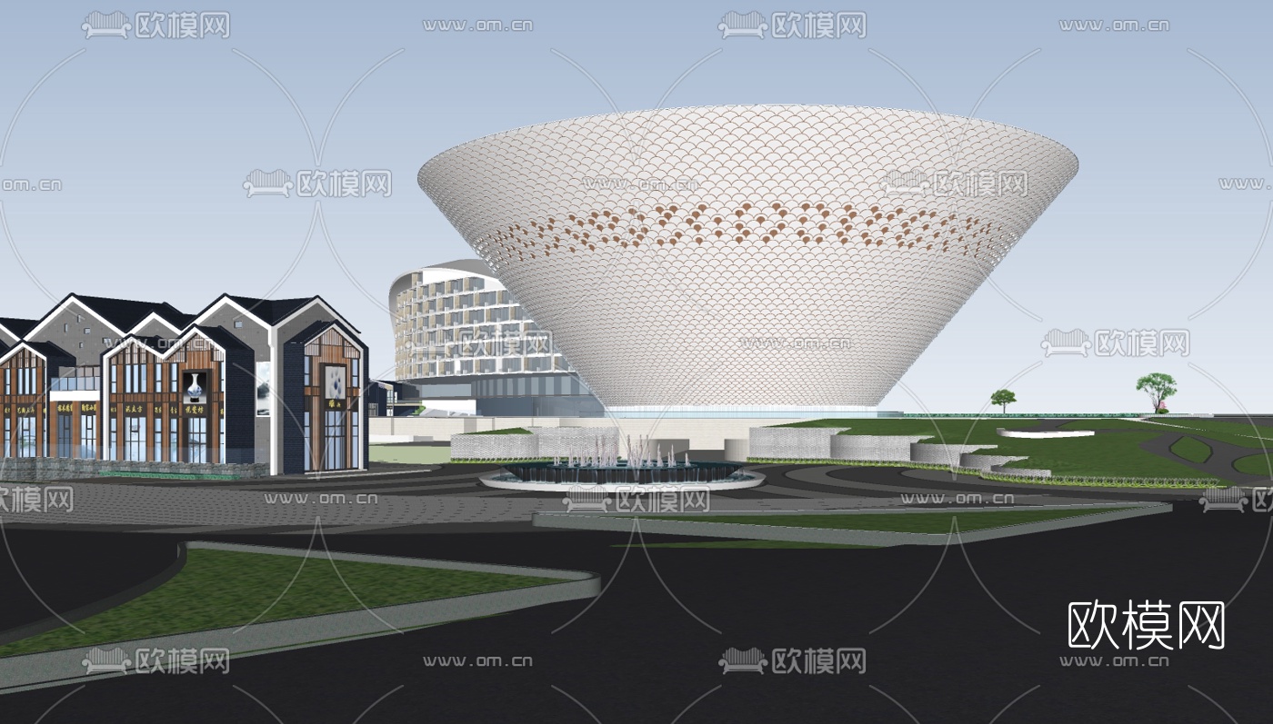 中式商业区规划su模型下载（渲染图1）
