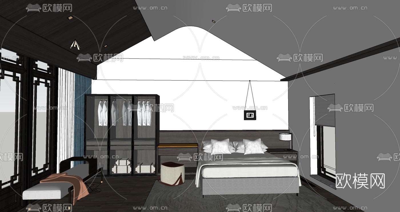 新中式网红酒店客房su模型下载（渲染图2）