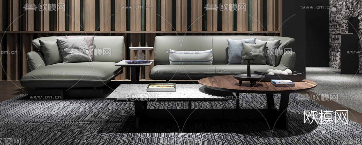 意大利Cassina品牌现代皮革沙发茶几组合3D模型下载（渲染图1）