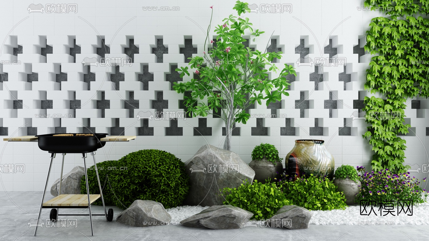 现代阳台庭院景观小品植物假山3d模型下载