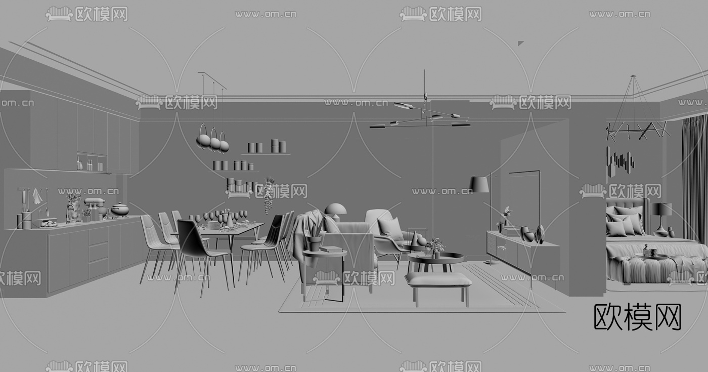 北欧公寓客厅餐厅卧室3d模型