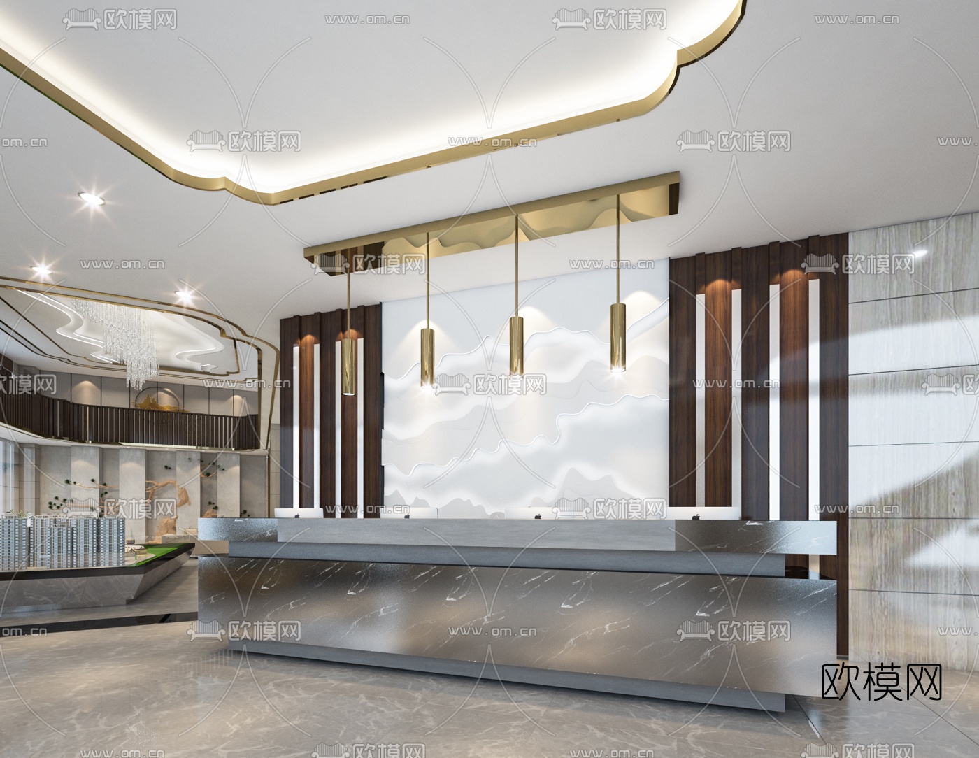 现代售楼中心大堂沙盘展示洽谈区3d模型