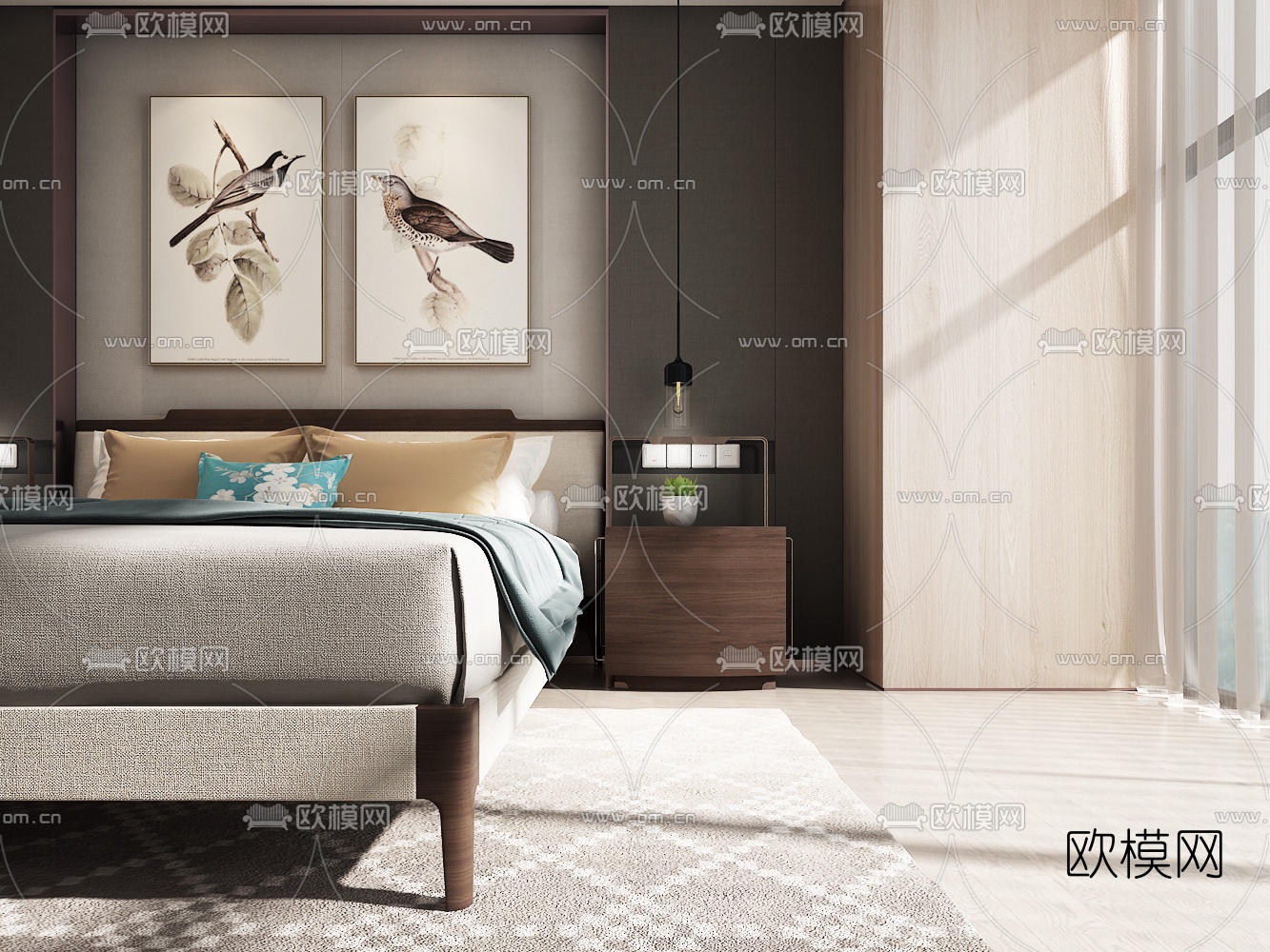 北欧双人床床头柜3d模型下载（渲染图2）