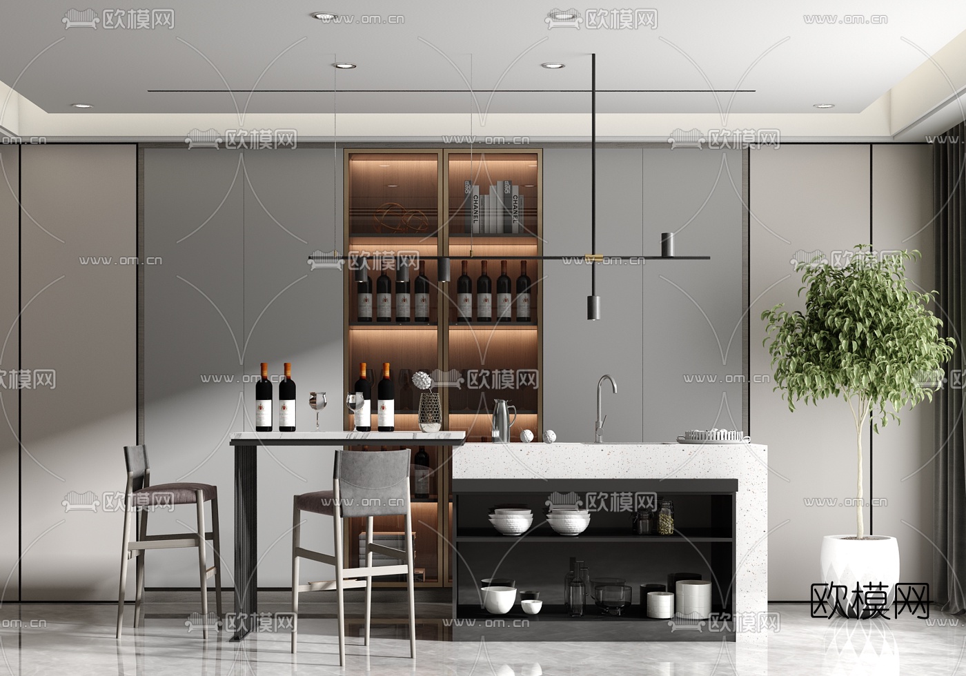 现代中岛台吧台吧椅3d模型下载