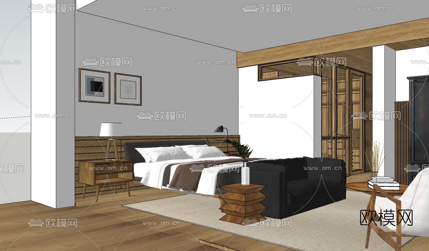 北欧卧室主人房su模型下载（渲染图1）